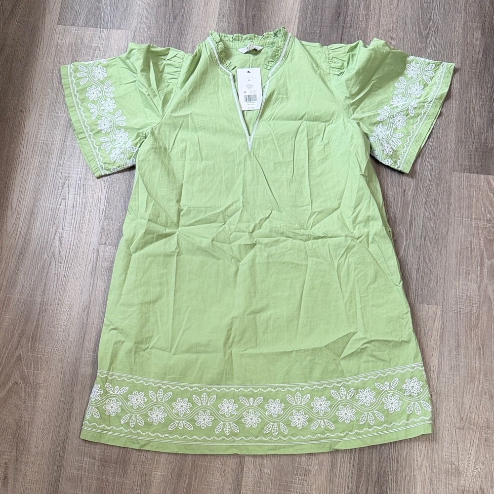 Crown & Ivy Light Green Mini Dress with White Embroidery worn once